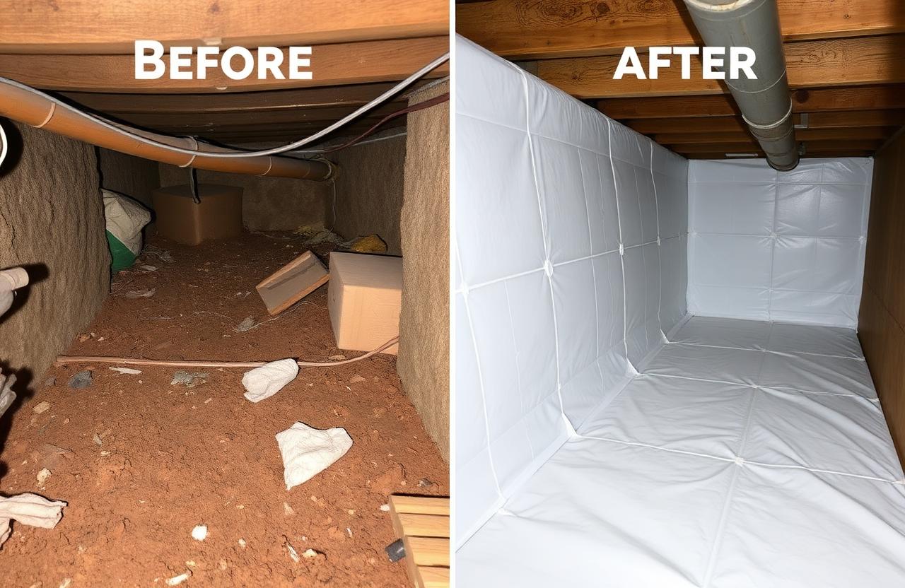 Dirty, damaged crawlspace transformed with clean vapor barrier installation.