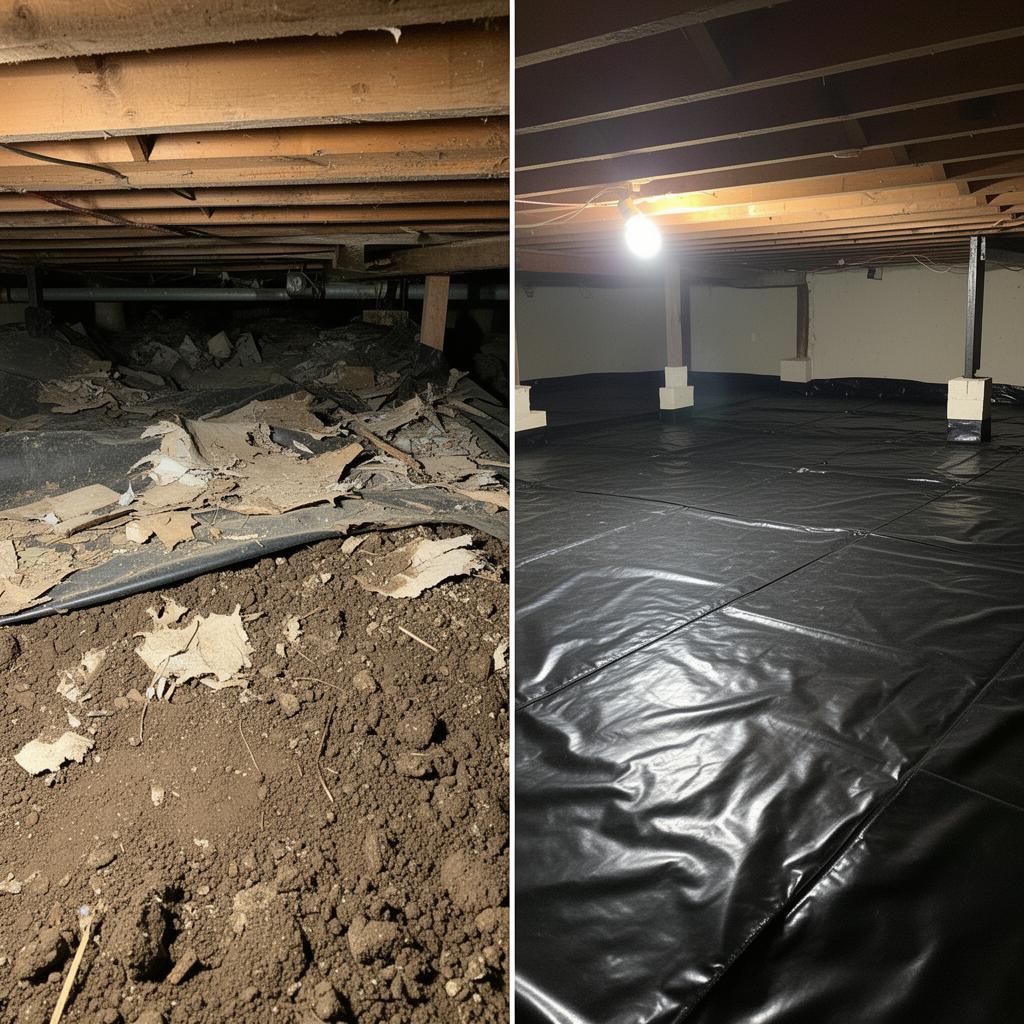 Crawlspace fully cleaned and sealed with a heavy-duty black vapor barrier.