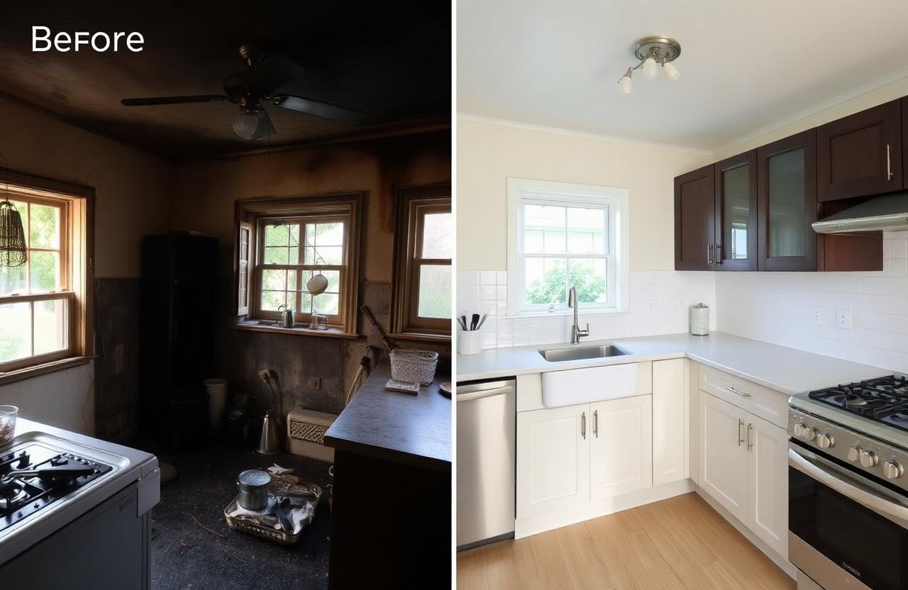 Fire-damaged kitchen rebuilt to a brand-new finish, cabinets included.