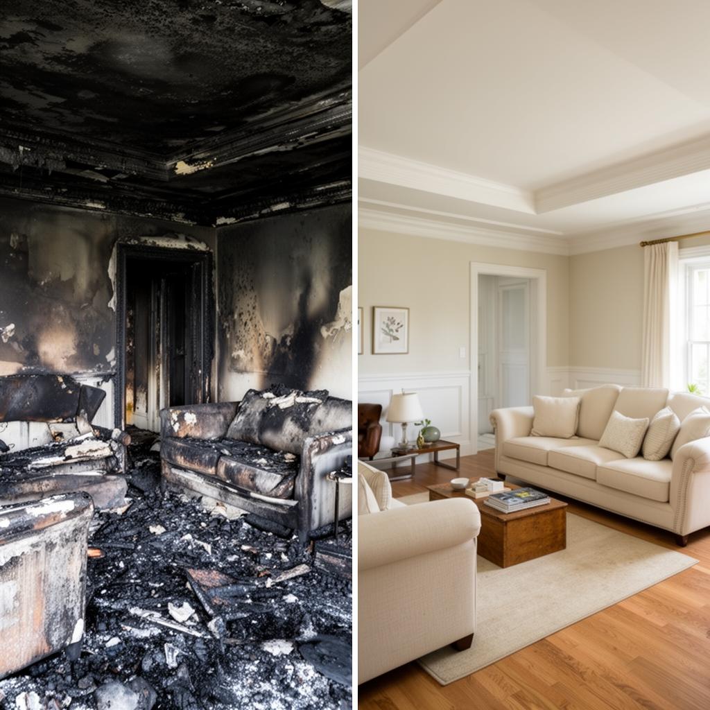 Severe fire- and smoke-damaged living room restored to a bright, livable space.