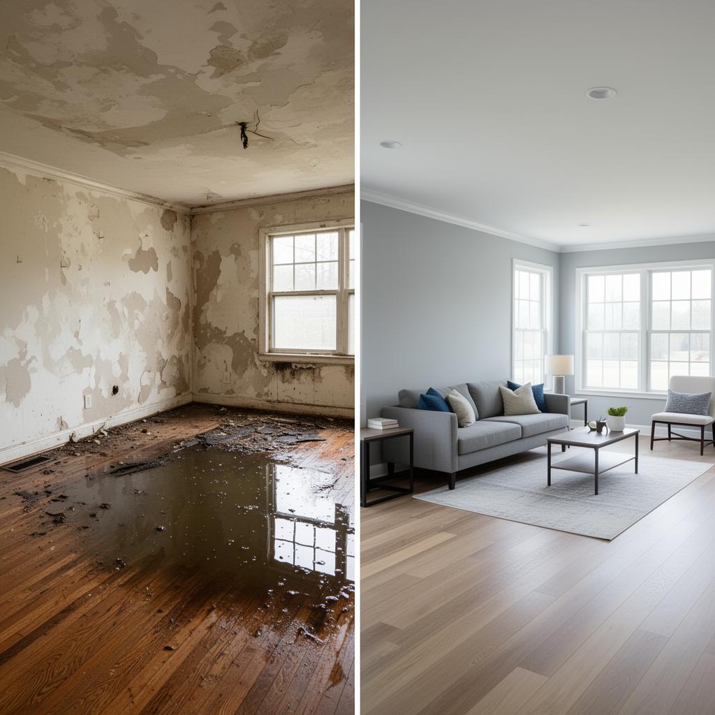 Before and after of a water-damaged living room rebuilt by 7J's