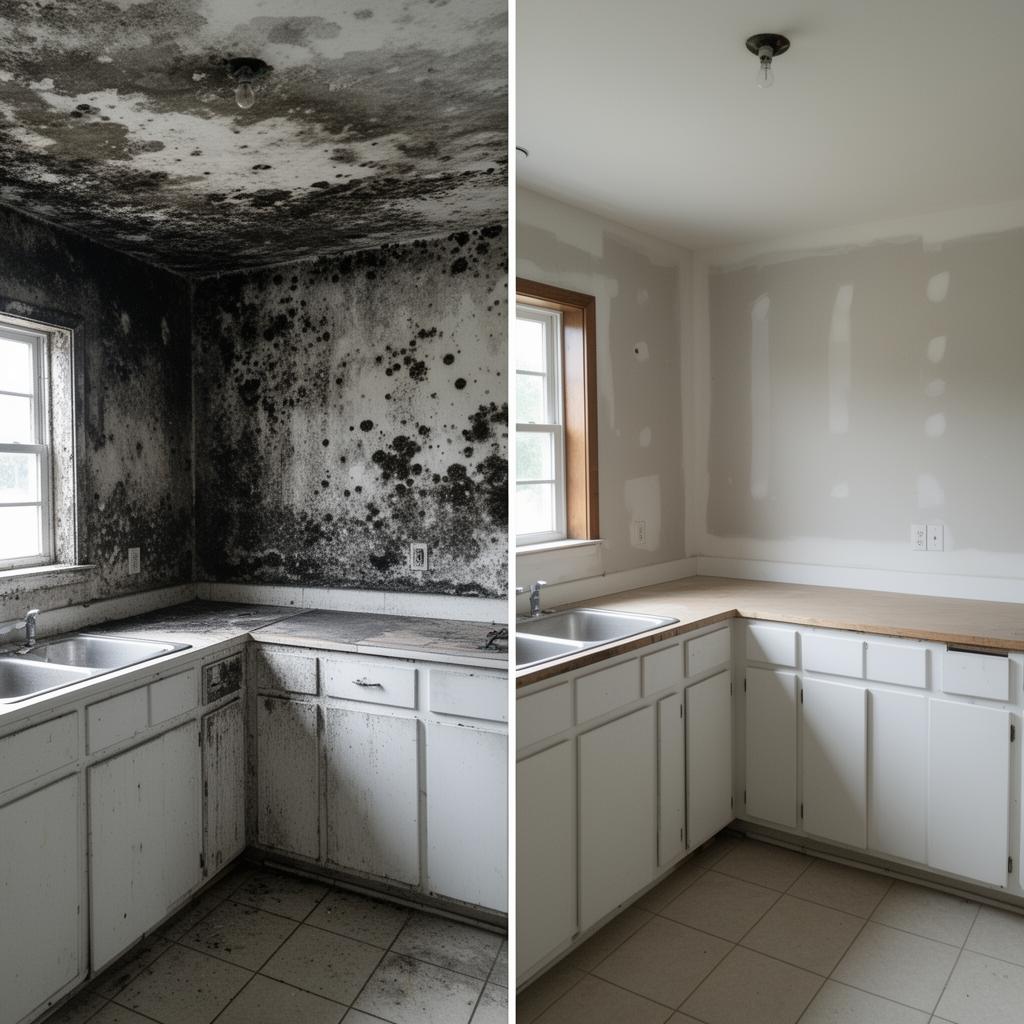Kitchen overtaken by black mold cleaned, remediated, and restored.