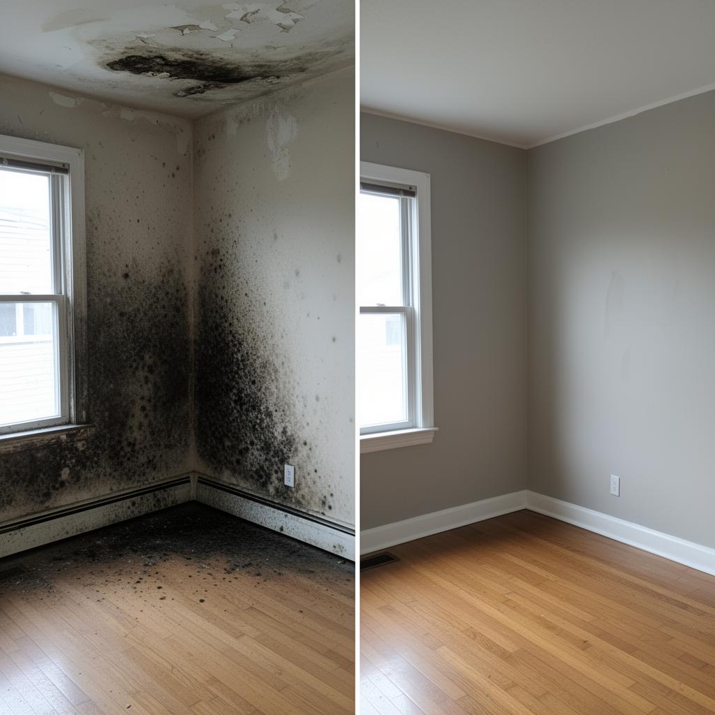 Living room with severe wall and ceiling mold returned to clean, healthy condition.