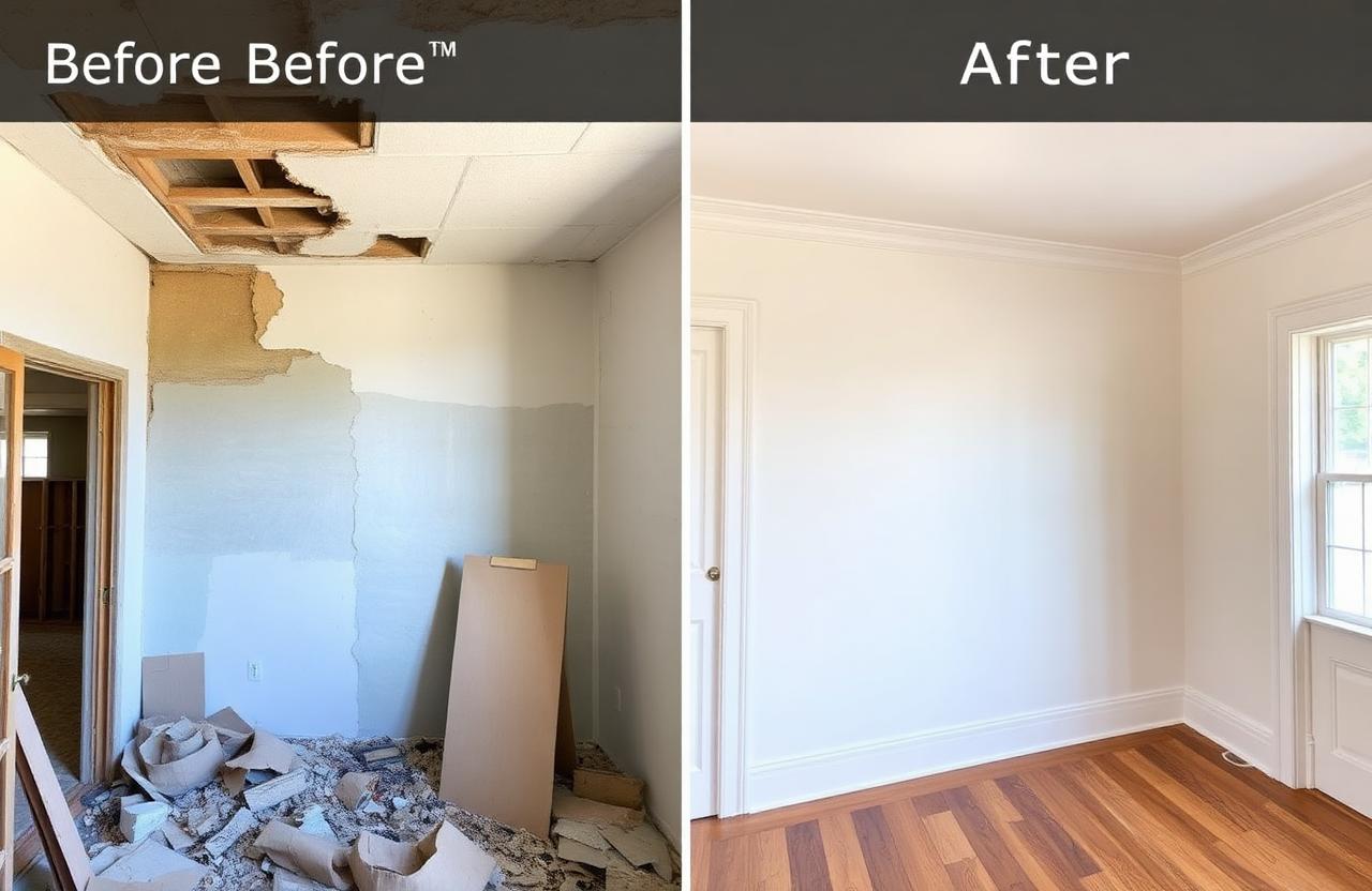 Demolished room rebuilt with fresh drywall, trim, and finished flooring.