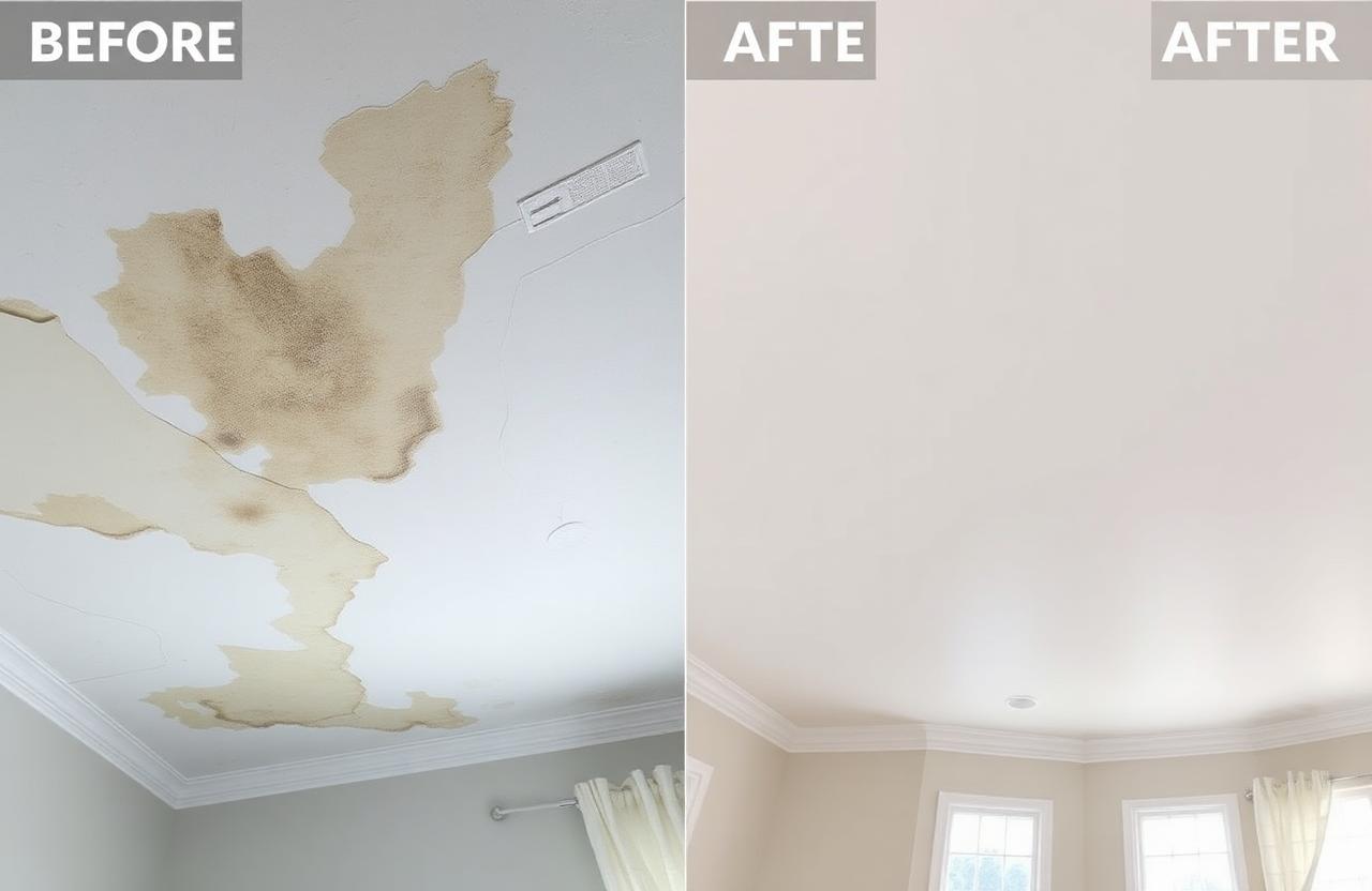 Water-damaged ceiling fully restored with clean paint and finish work.
