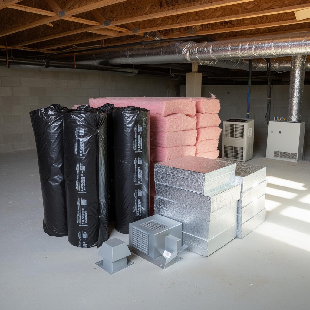 Materials for a fresh crawlspace and attic build: black vapor barrier, fiberglass insulation, foil-faced rigid foam, foundation vents, and dehumidifier