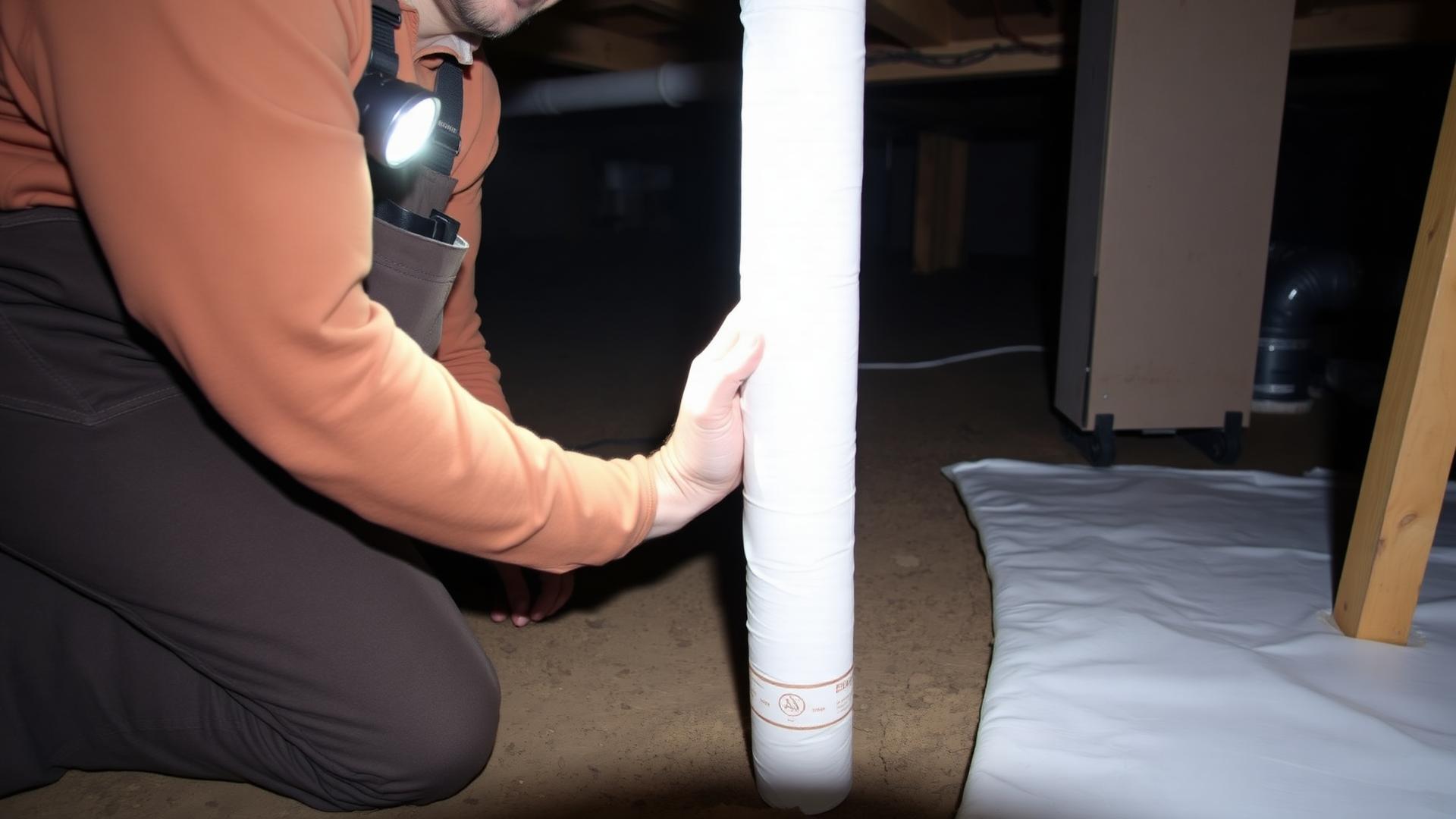 Crawlspace contractor installing a clean white vapor barrier under a residential home