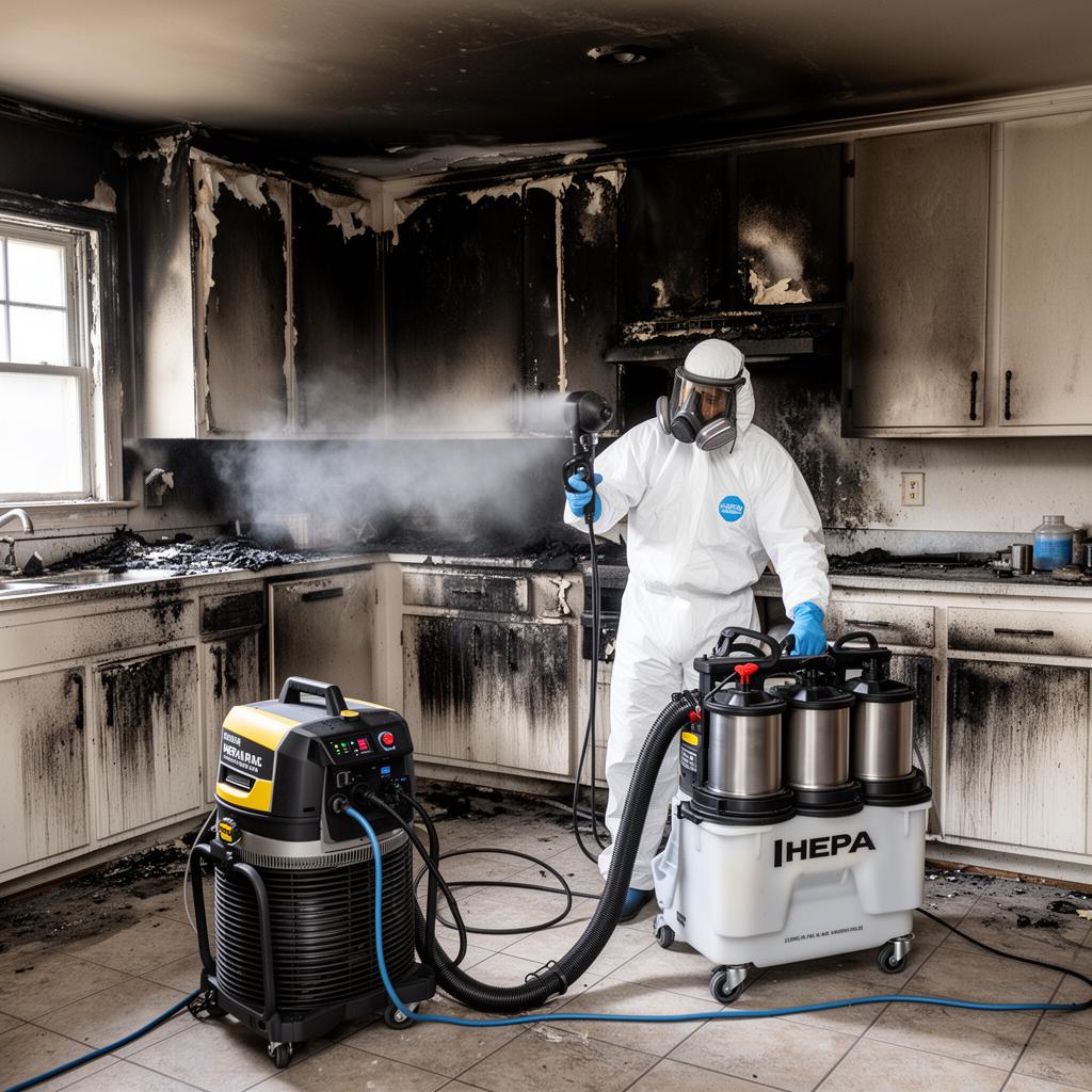 Restoration technician operating HEPA air scrubber and fogger equipment in a fire- and smoke-damaged kitchen