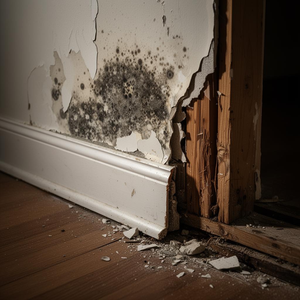 Close-up of severe mold and structural damage to drywall and framing in a home