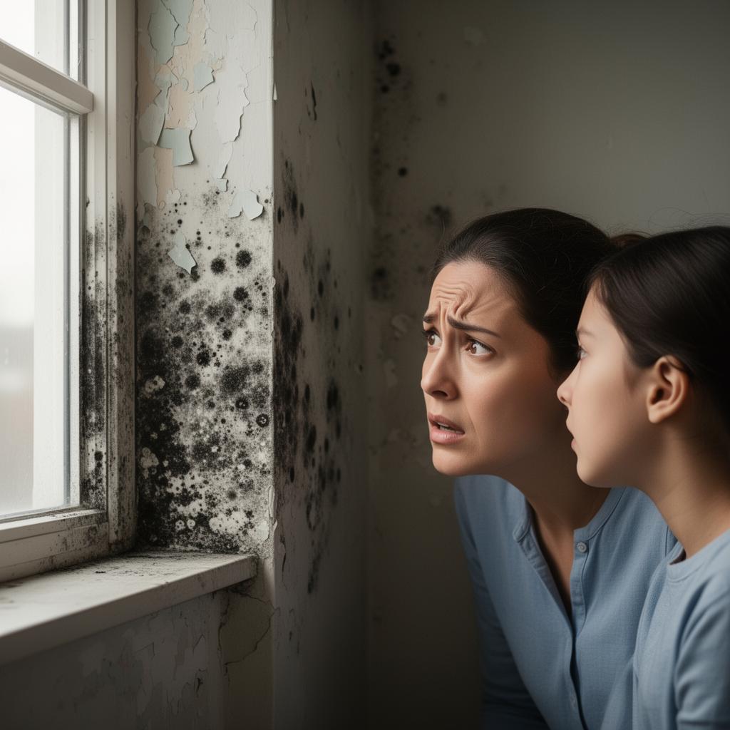 Family looking concerned at heavy mold growth on a residential wall