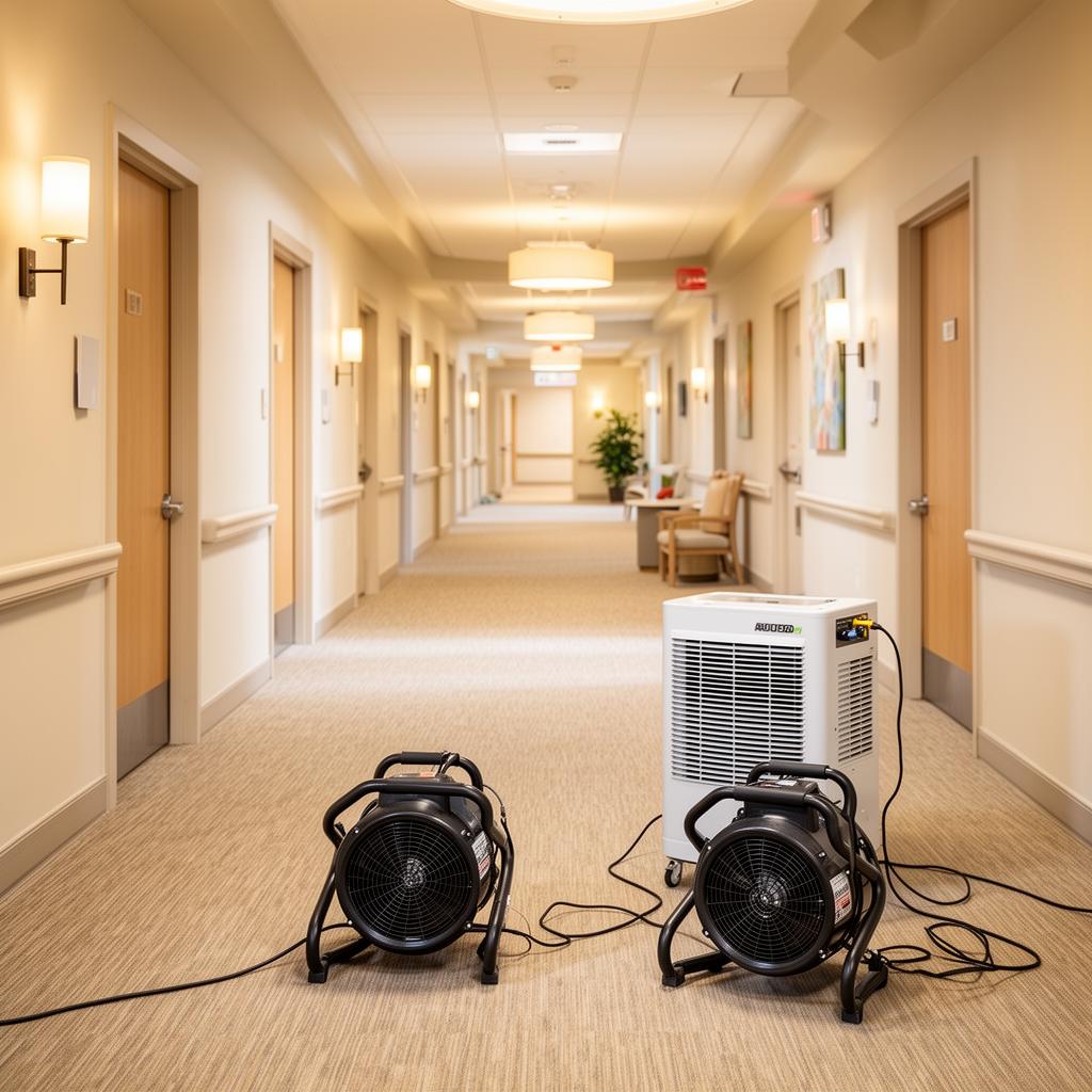 Commercial dehumidifier and air mover equipment running in a freshly renovated senior living hallway