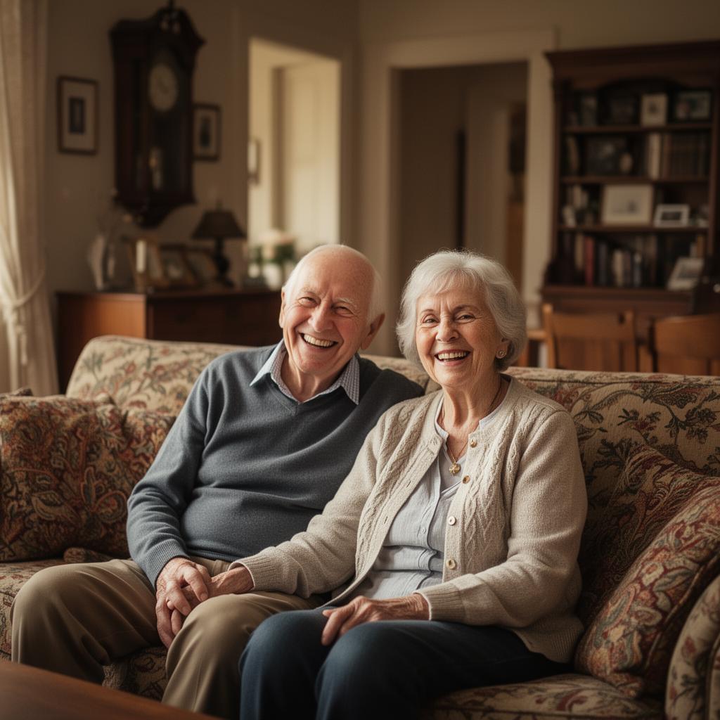 A happy couple back home and at ease in their fully restored living room.