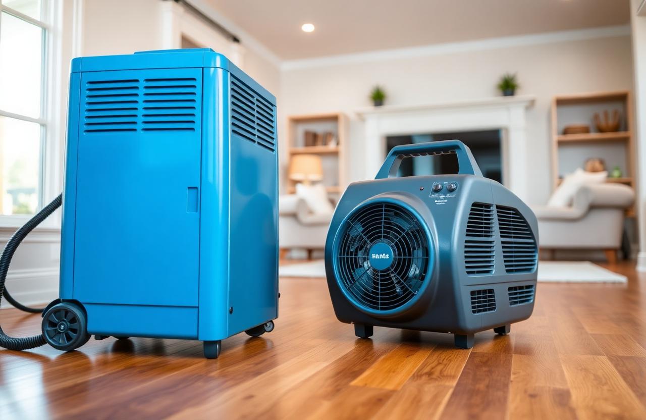 Industrial dehumidifier and air mover drying a hardwood floor