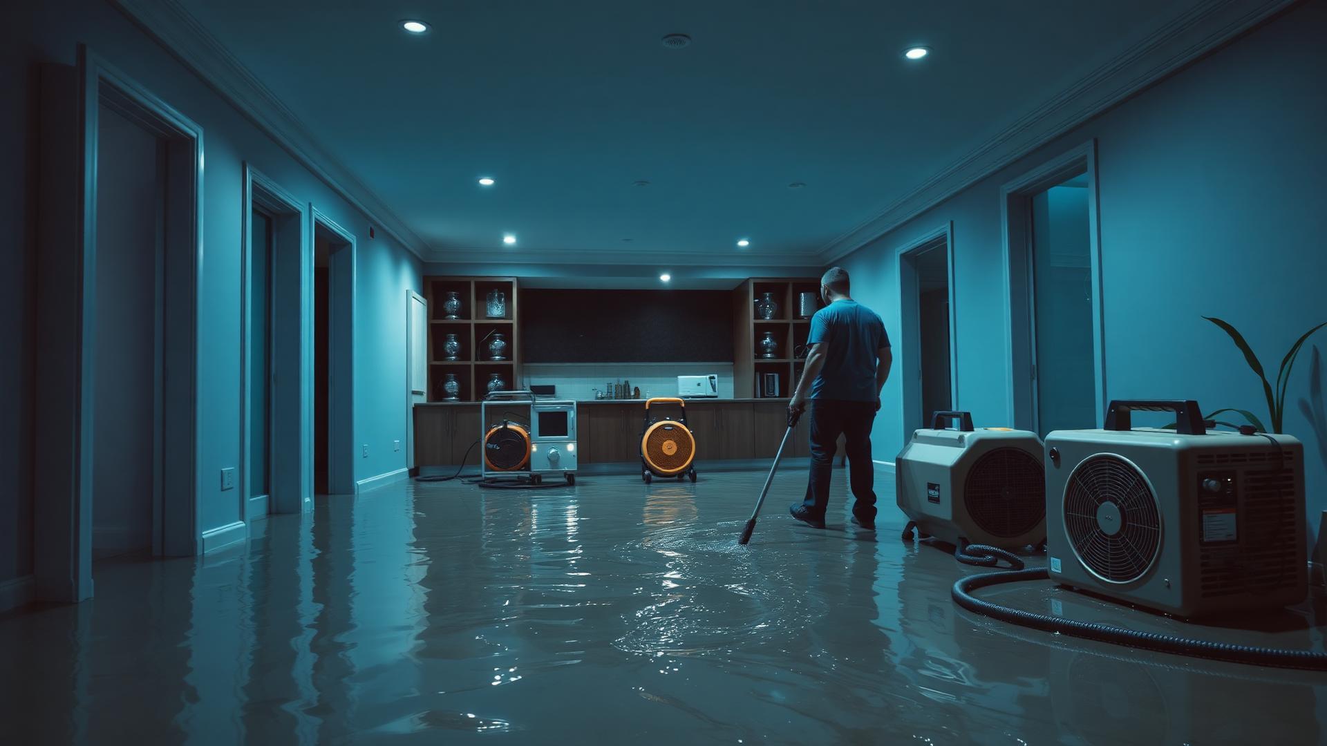 Water damage restoration crew with drying equipment in a flooded home